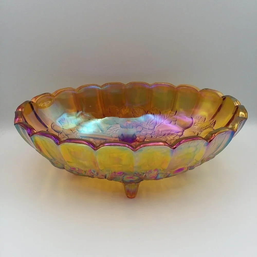 Vintage Iridescent Carnival Glass Bowl Oval Footed Harvest Grape Fruit ‎ 12x9